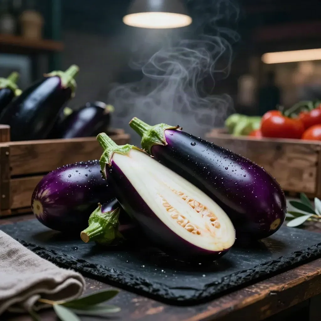 Melanzane lunghe lucide su ardesia, una tagliata a metà in una scena di mercato buia.