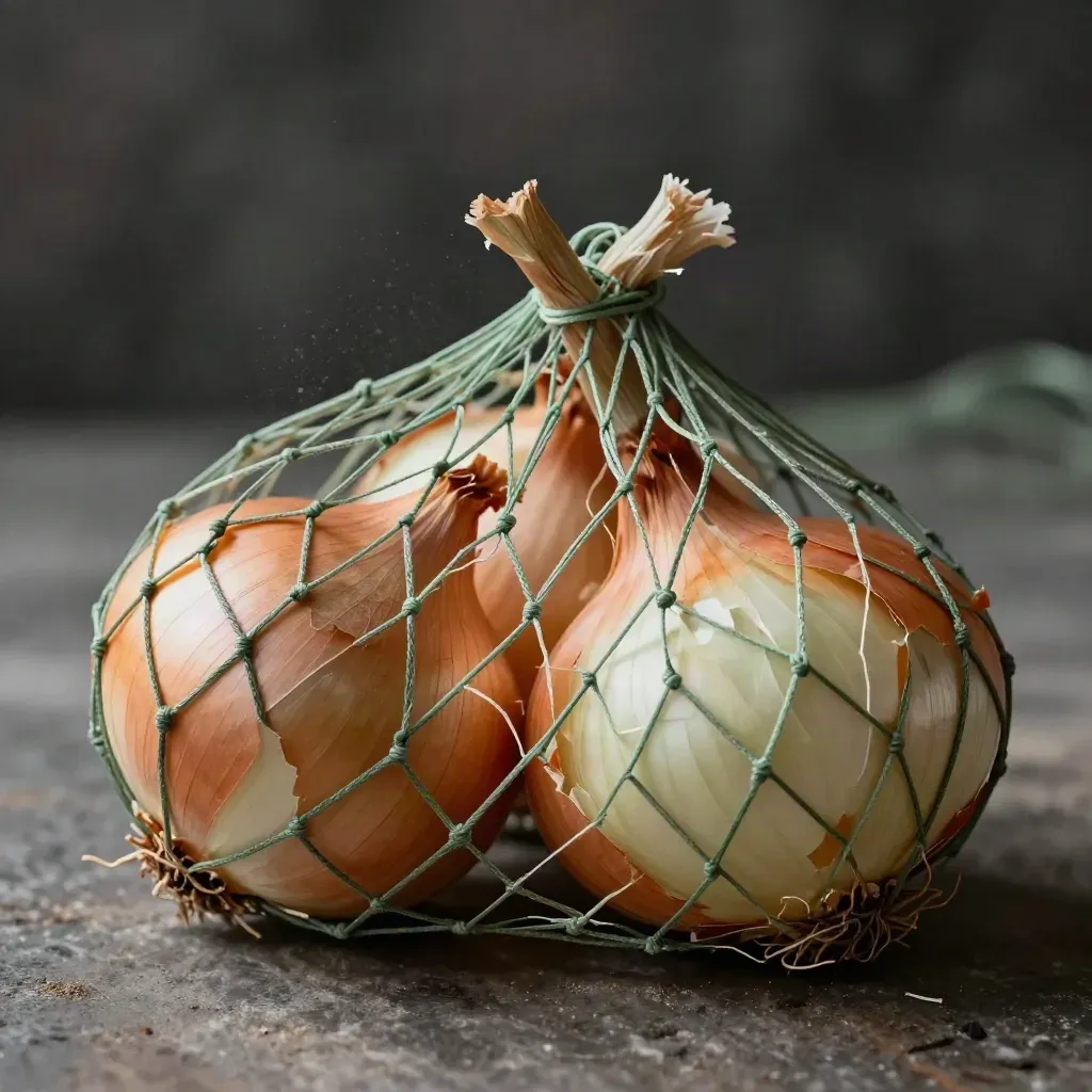 Cipolle dorate in rete verde, una tagliata a mostrare gli anelli, primo piano macro.