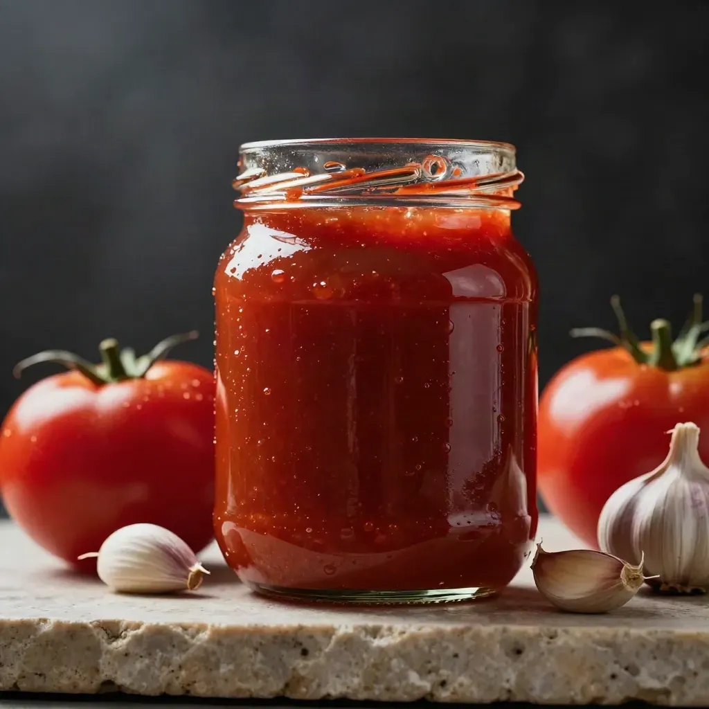 Barattolo di conserva di pomodoro con pomodori e aglio su mensola di pietra