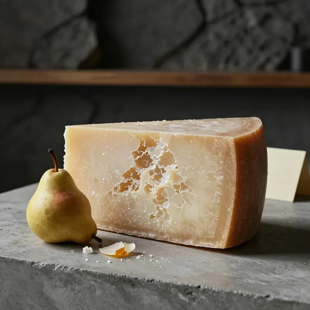 Cuneo di Parmigiano Reggiano spezzato con pera matura e briciole su lastra di cemento.