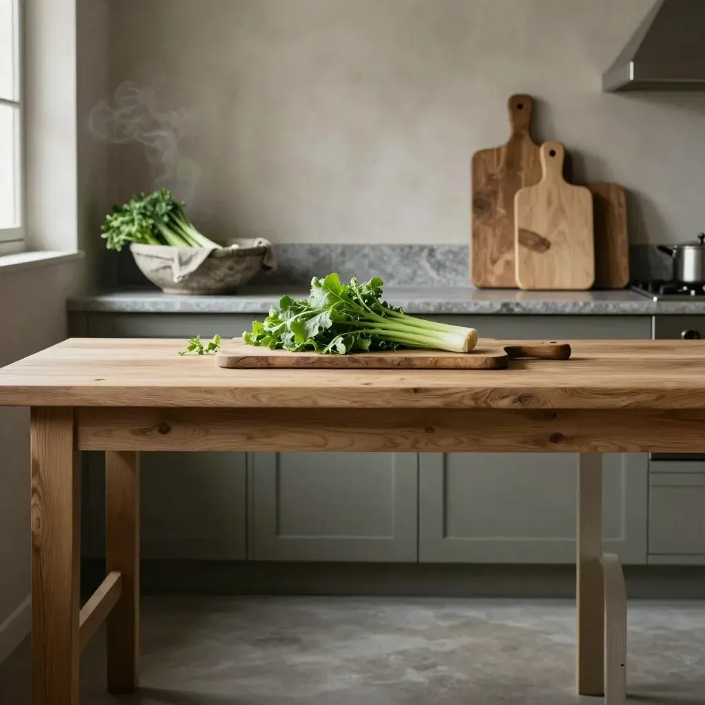 Angolo cucina rustico con banco in rovere, verdure fresche e vapore soffuso.